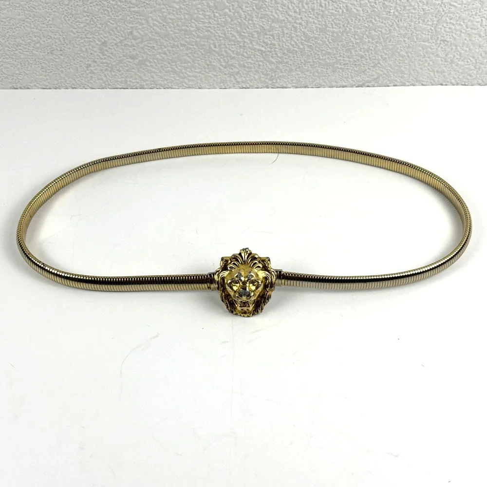 Vintage Lion Head Snake Chain Belt Women 24-31 in Gold Vintage 3D Buckle